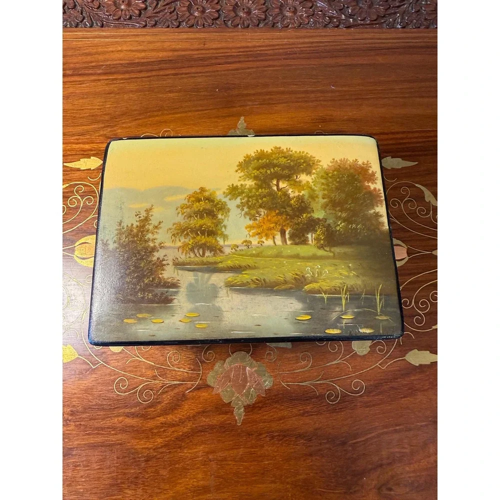 Vintage Lacquerware Box - Hand Painted Landscape‎ Trinket or Jewelry Box